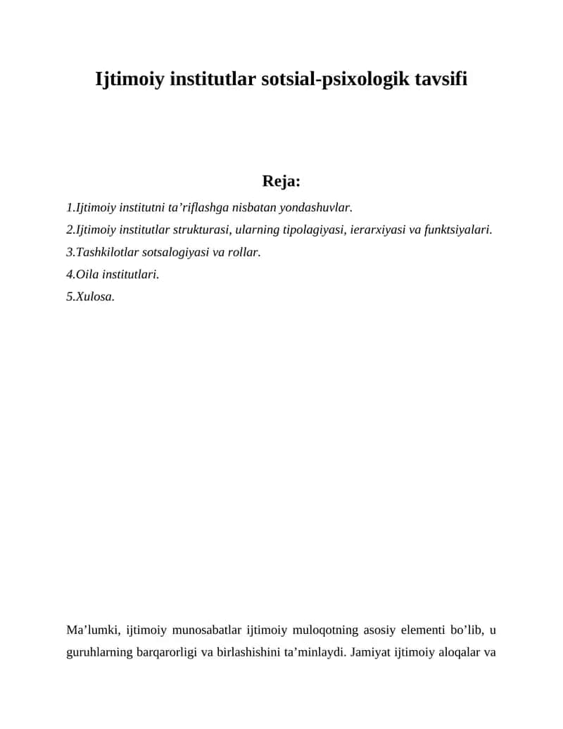 Ijtimoiy institutlar sotsial-psixologik tavsifi