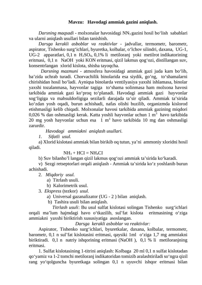 Havodagi ammiak gazini aniqlash
