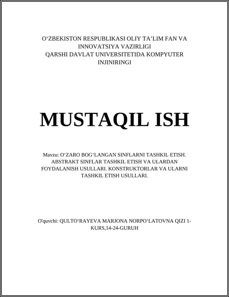 O'ZARO BOG'LANGAN SINFLARNI TASHKIL ETISH