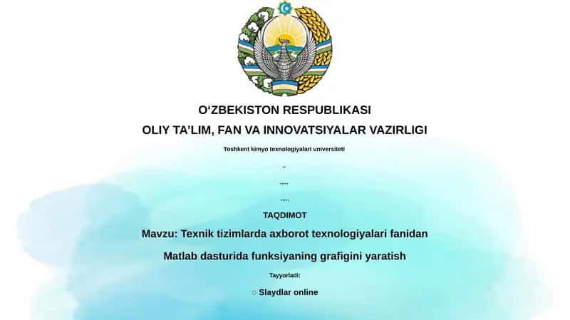 Texnik tizimlarda axborot texnologiyalari fanidan Matlab dasturida funksiyaning grafigini yaratish