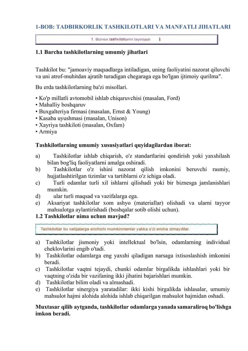 TADBIRKORLIK TASHKILOTLARI VA MANFATLI JIHATLARI