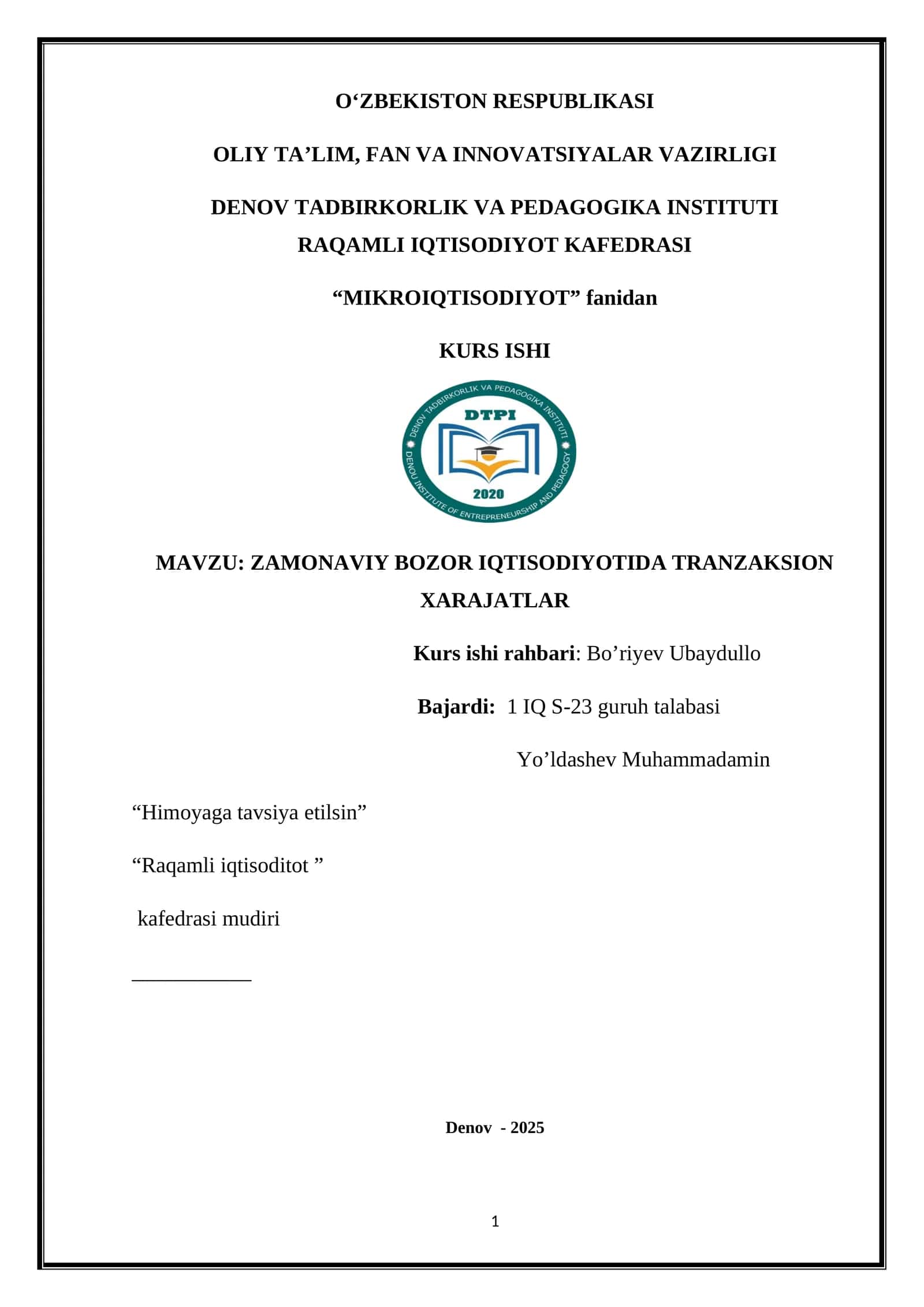ZAMONAVIY BOZOR IQTISODIYOTIDA TRANZAKSION XARAJATLAR