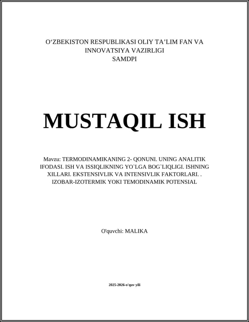 TЕRMОDINАMIKАNING 2- QONUNI. UNING АNАLITIK IFОDАSI
