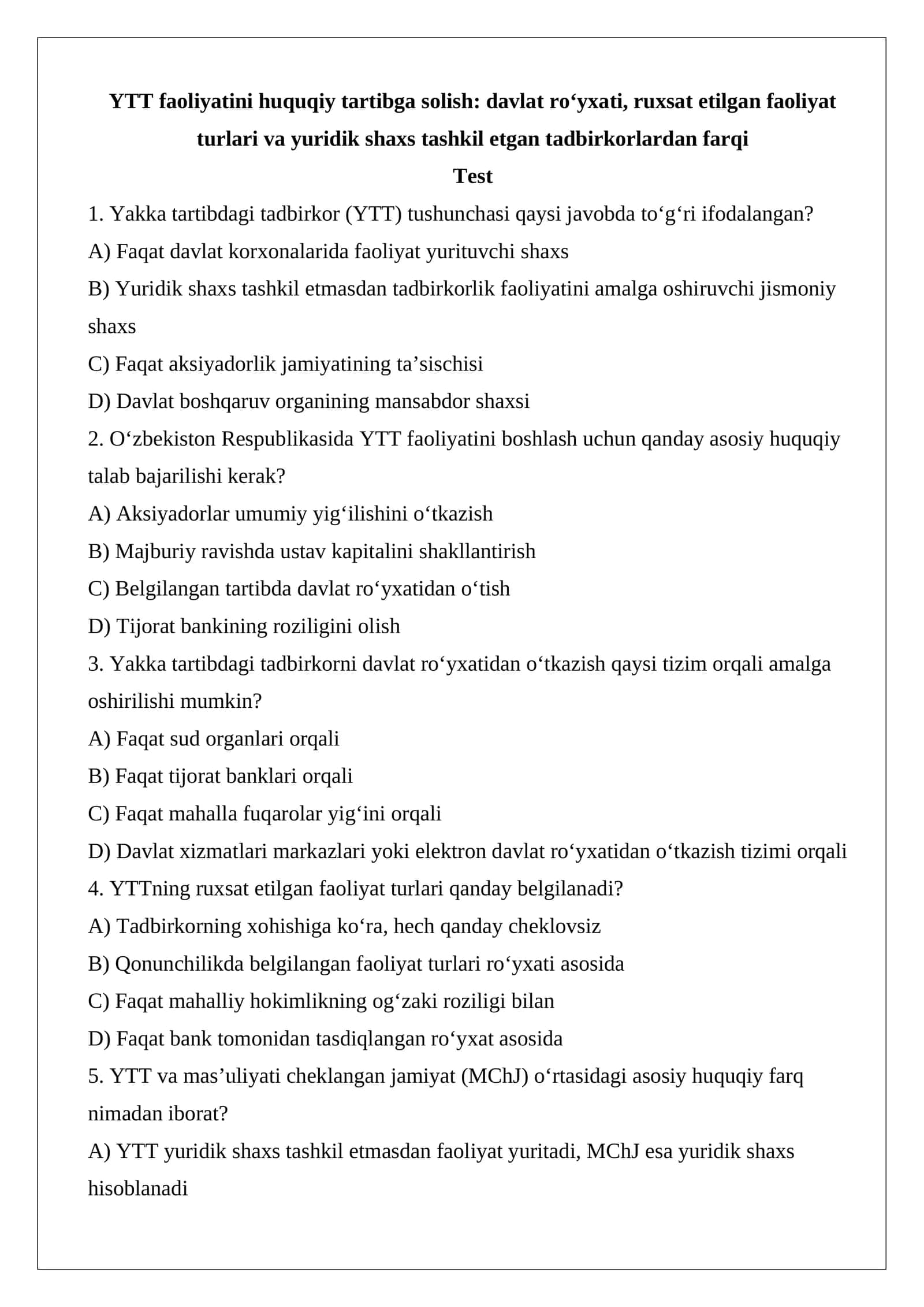 YTT faoliyatini huquqiy tartibga solish: davlat ro‘yxati, ruxsat etilgan faoliyat turlari va yuridik shaxs tashkil etgan tadbirkorlardan farqi