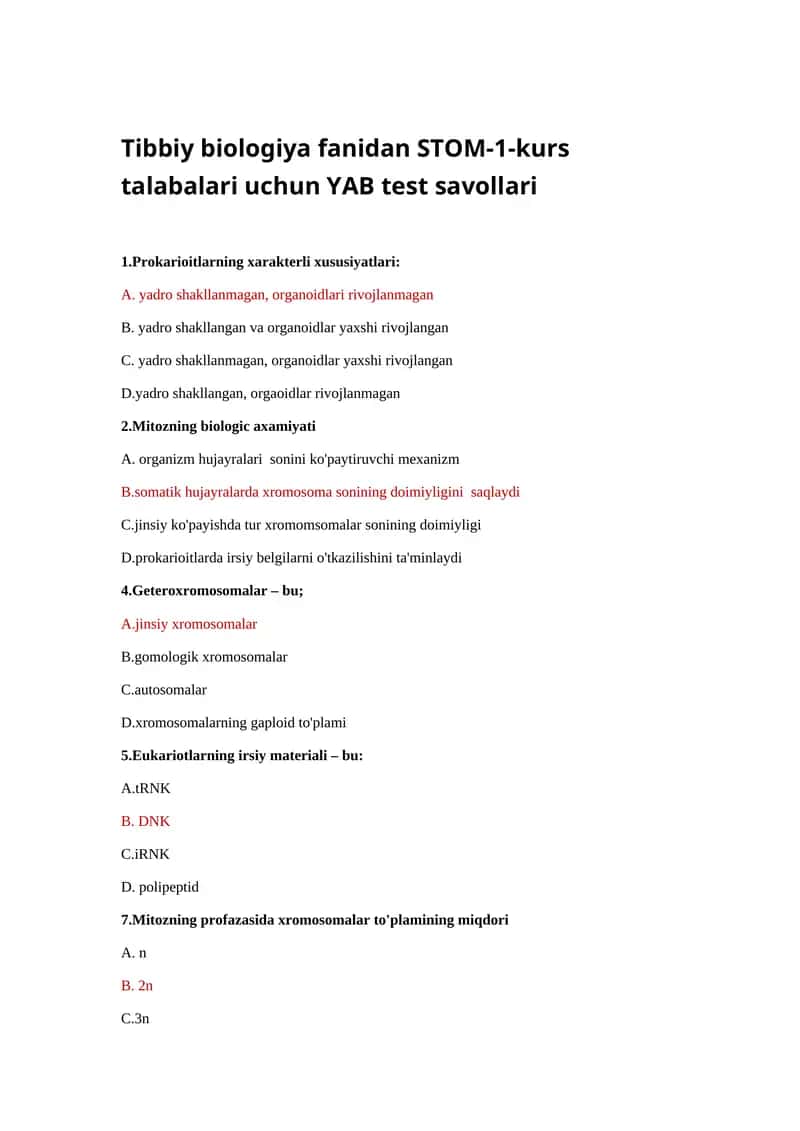Tibbiy biologiya fanidan STOM-1-kurs talabalari uchun YAB test savollari