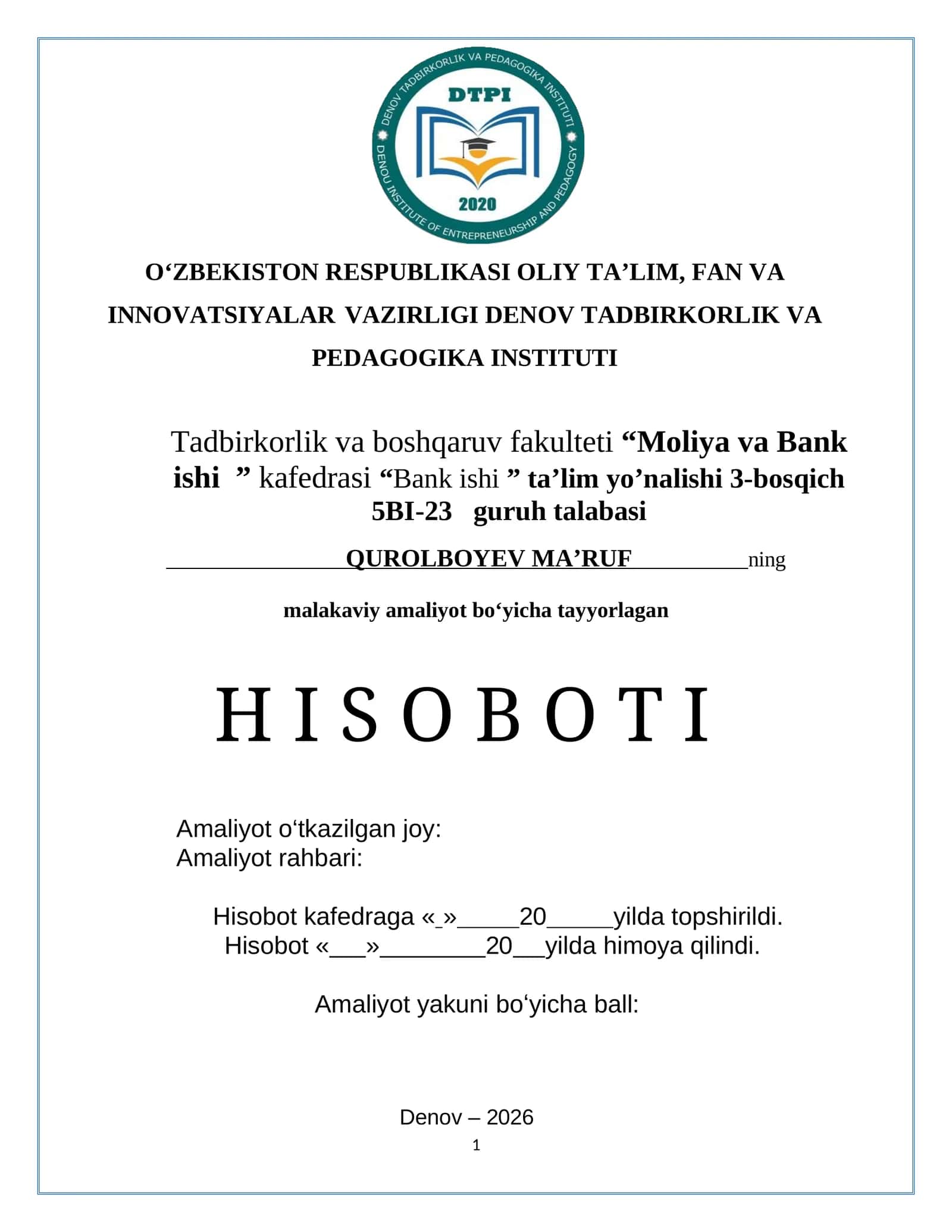 AGROBANK ATB umumiy tushuncha hamda "Agrobank" Xorazm Viloyati Yangibozor tuman filialining Malakaviy amaliyot bo’yicha tayyorlagan hisobot