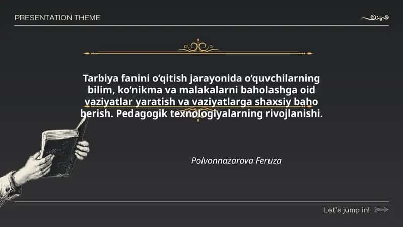 Tarbiya fanini o’qitish jarayonida o’quvchilarning bilim, ko’nikma va malakalarni baholashga oid vaziyatlar yaratish va vaziyatlarga shaxsiy baho berish. Pedagogik texnologiyalarning rivojlanishi