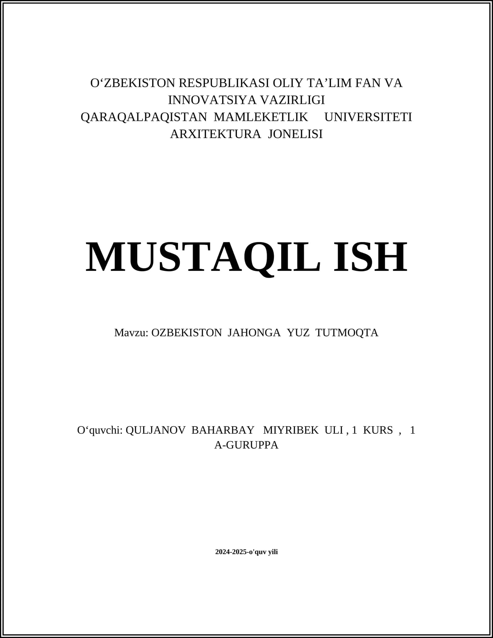 OZBEKISTON JAHONGA YUZ TUTMOQTA