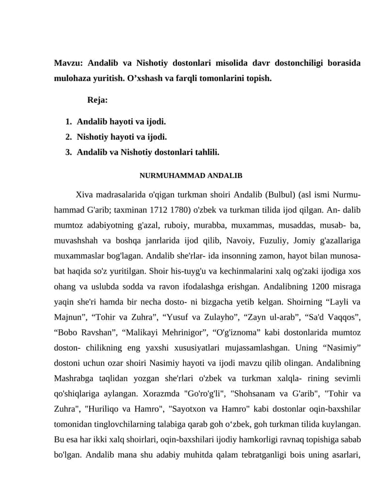 Andalib va Nishotiy dostonlari misolida davr dostonchiligi borasida mulohaza yuritish