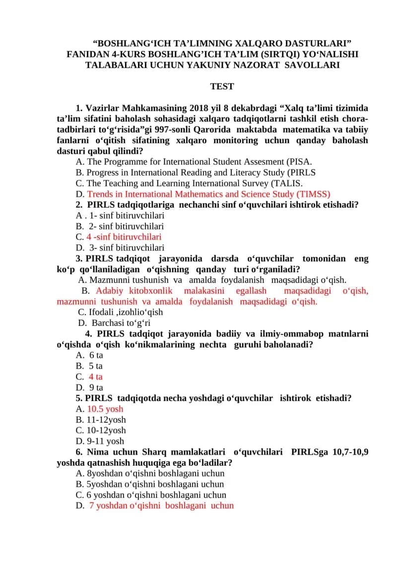 "BOSHLANG‘ICH TA’LIMNING XALQARO DASTURLARI” FANIDAN 4-KURS BOSHLANG’ICH TA’LIM (SIRTQI) YO‘NALISHI TALABALARI UCHUN YAKUNIY NAZORAT SAVOLLARI