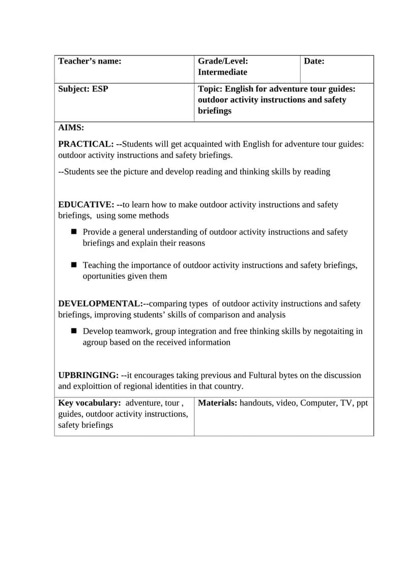 English for adventure tour guides: outdoor activity instructions and safety briefings