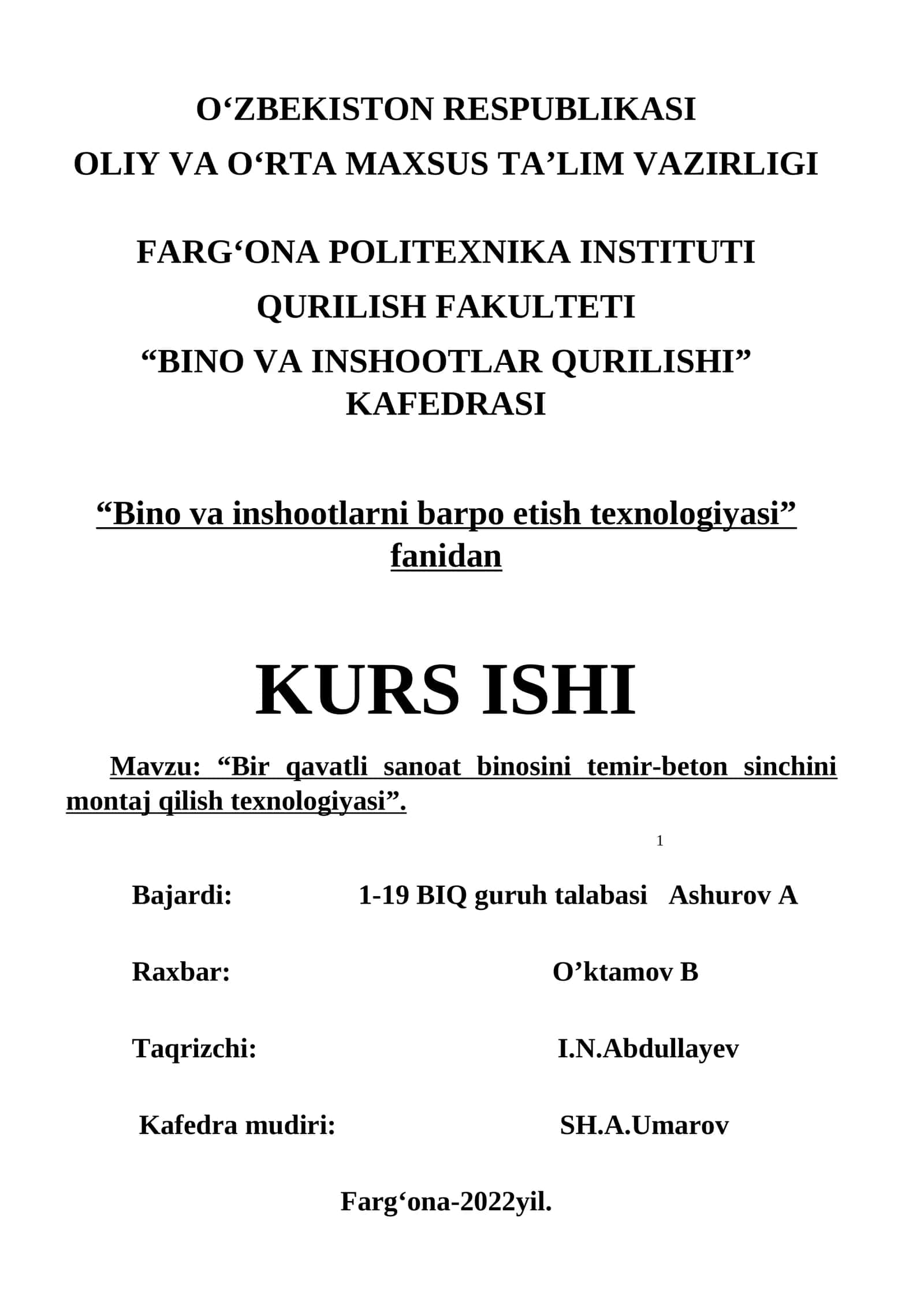 “Bir qavatli sanoat binosini temir-beton sinchini montaj qilish texnologiyasi”