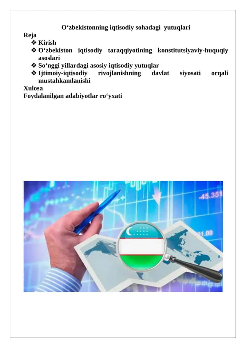 O‘zbekistonning iqtisodiy sohadagi yutuqlari.