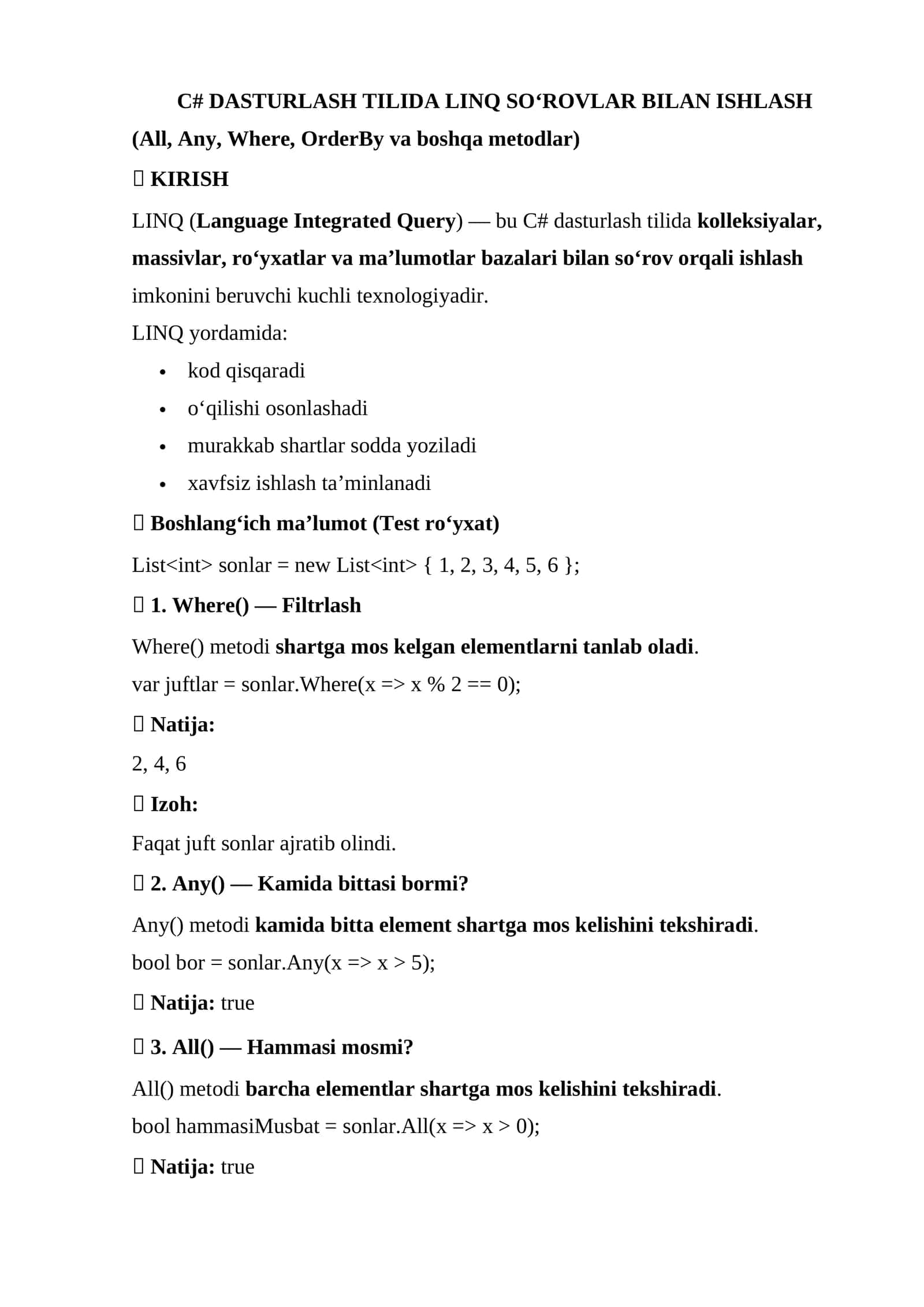 C# DASTURLASH TILIDA LINQ SO‘ROVLAR BILAN ISHLASH