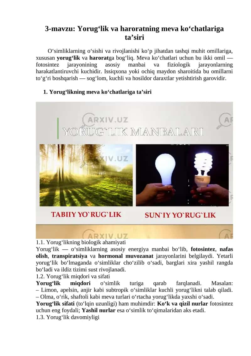 Yorug‘lik va haroratning meva ko‘chatlariga ta’siri