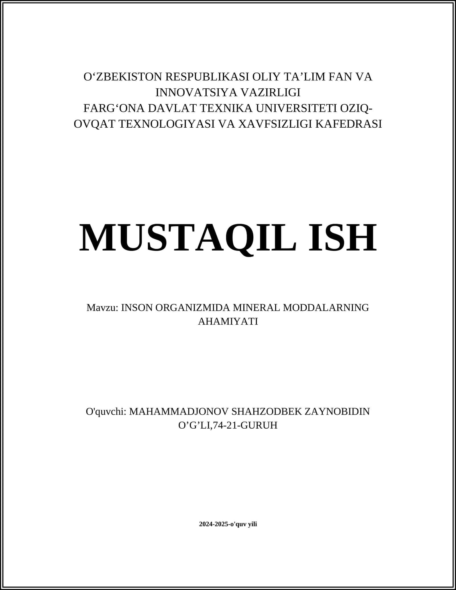 INSON ORGANIZMIDA MINERAL MODDALARNING AHAMIYATI