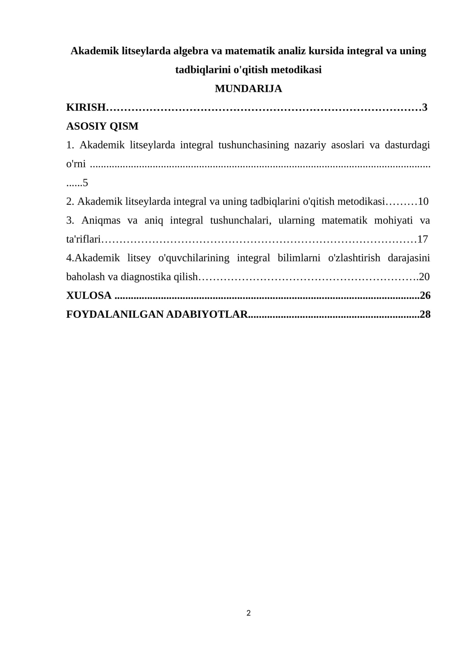Akademik litseylarda algebra va matematik analiz kursida integral va uning tadbiqlarini o'qitish metodikasi