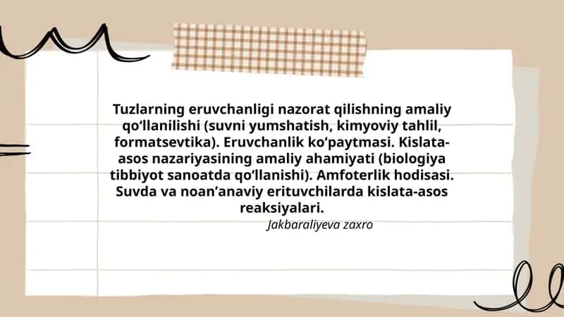 Tuzlarning eruvchanligi nazorat qilishning amaliy qoʻllanilishi