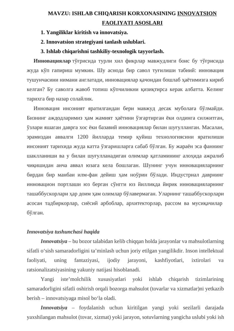 INNOVATSION FAOLIYATI ASOSLARI