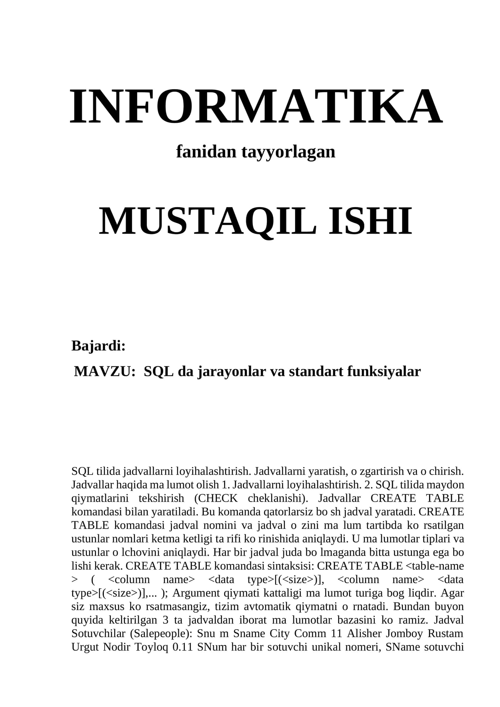 SQL da jarayonlar va standart funksiyalar
