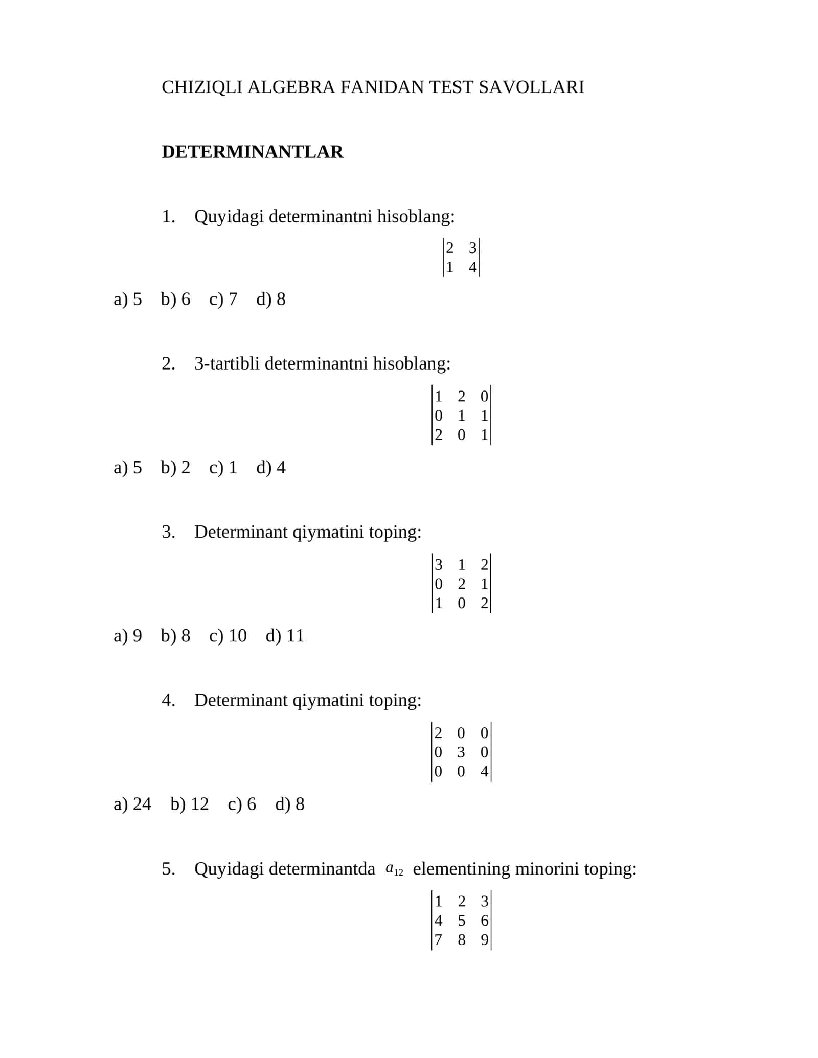 CHIZIQLI ALGEBRA FANIDAN TEST SAVOLLARI