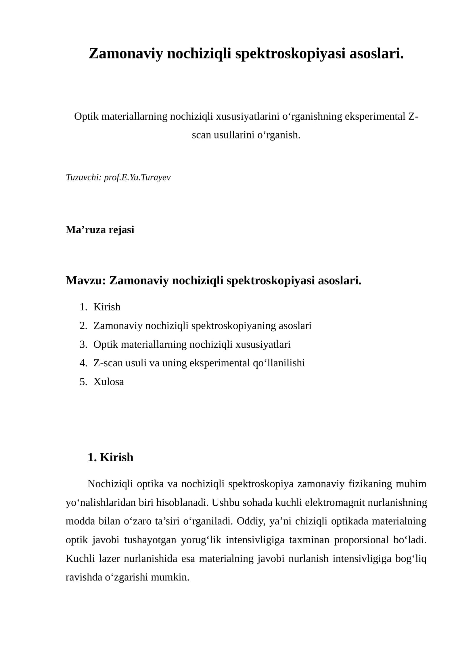 Zamonaviy nochiziqli spektroskopiyasi asoslari