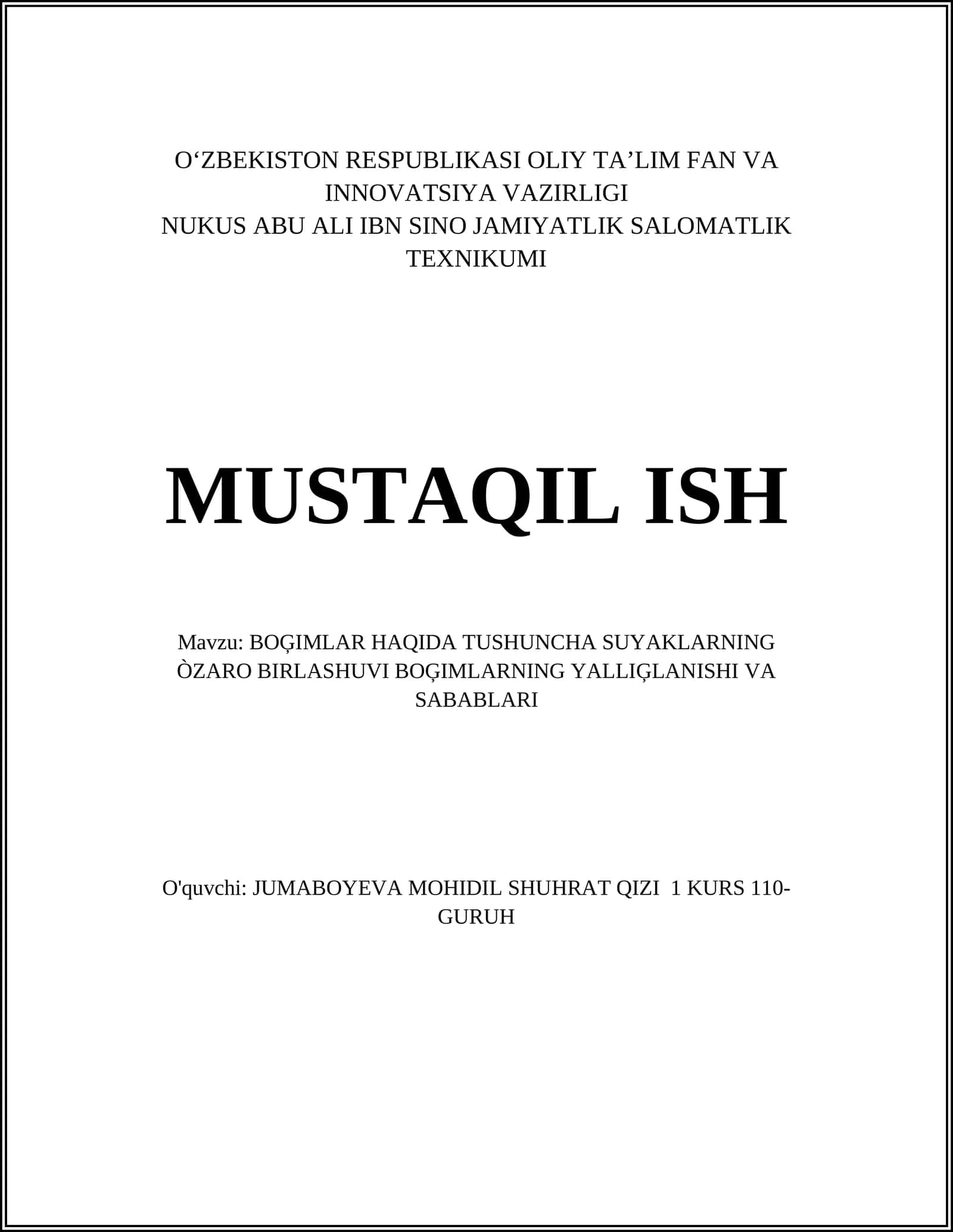 BOĢIMLAR HAQIDA TUSHUNCHA SUYAKLARNING ÒZARO BIRLASHUVI BOĢIMLARNING YALLIĢLANISHI VA SABABLARI
