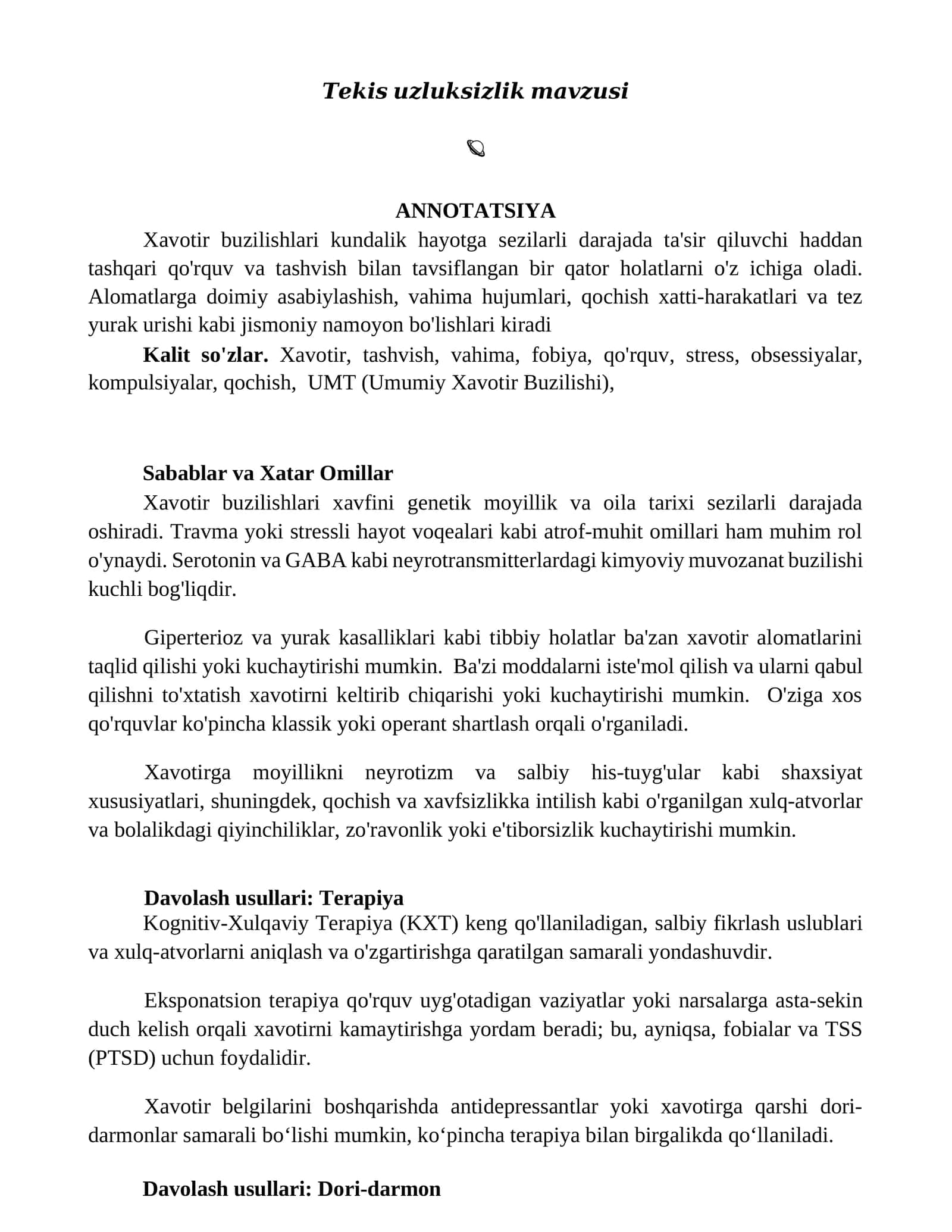 Xavotir buzilishlari mavzusi