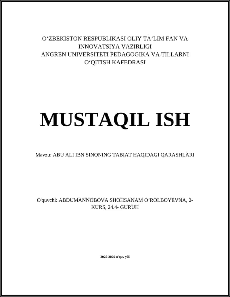 ABU ALI IBN SINONING TABIAT HAQIDAGI QARASHLARI