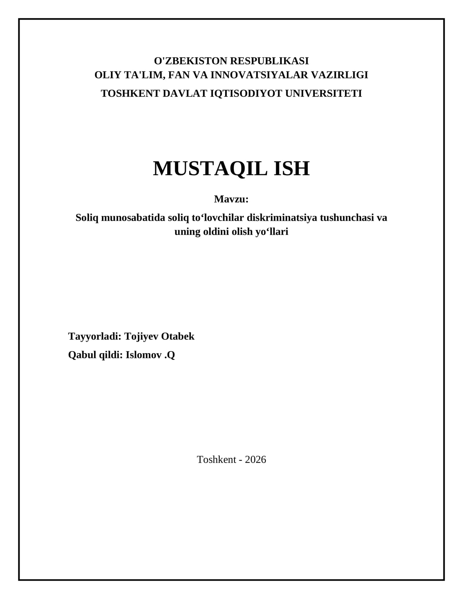 Soliq munosabatida soliq to‘lovchilar diskriminatsiya tushunchasi va uning oldini olish yo‘llari