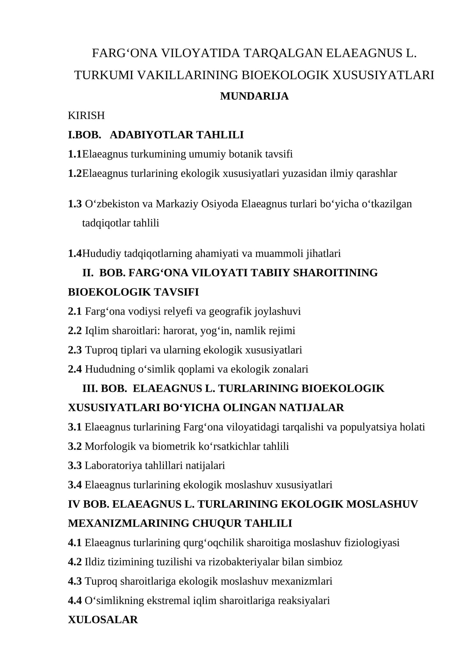 FARGʻONA VILOYATIDA TARQALGAN ELAEAGNUS L. TURKUMI VAKILLARINING BIOEKOLOGIK XUSUSIYATLARI