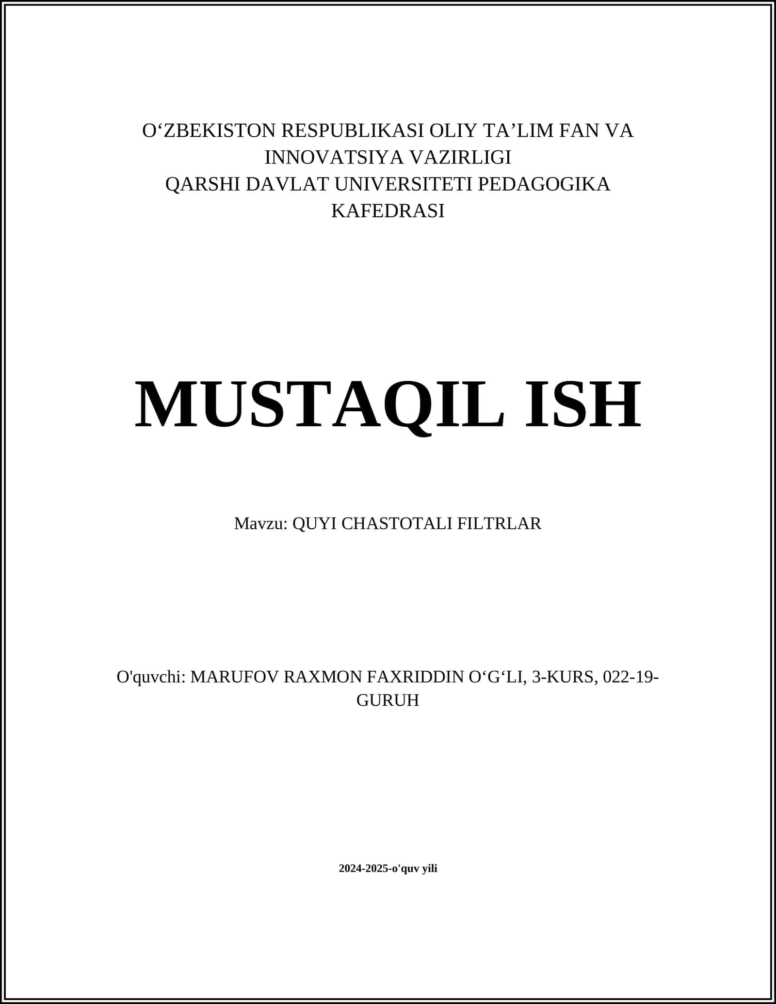 QUYI CHASTOTALI FILTRLAR