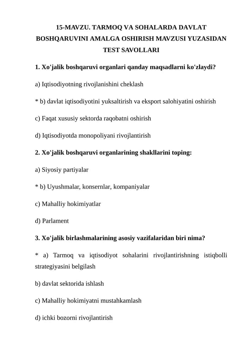 Tarmoq va sohalarida davlat boshqaruvini amalga oshirish mavzusi yuzasidan test savollari