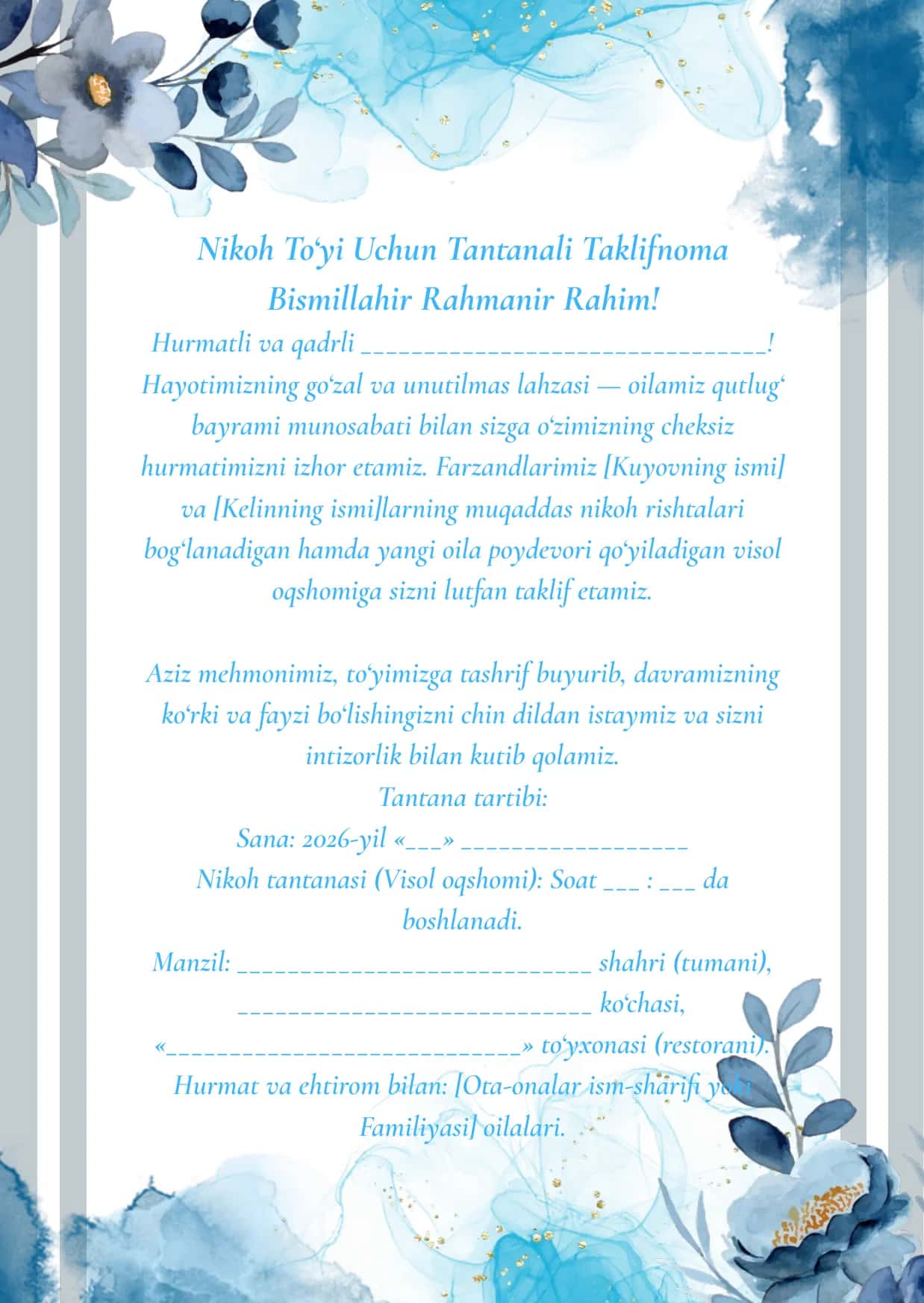 NikohTo‘yi Uchun Tantanali Taklifnoma