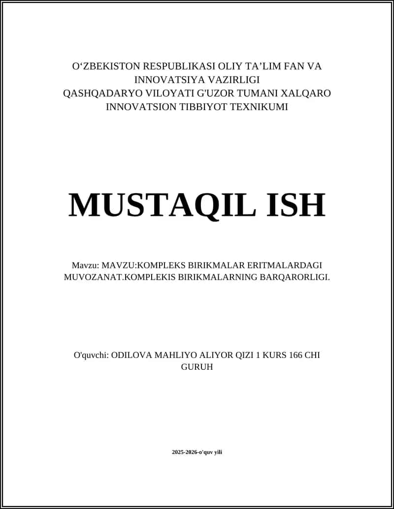 KOMPLEKS BIRIKMALAR ERITMALARDAGI MUVOZANAT