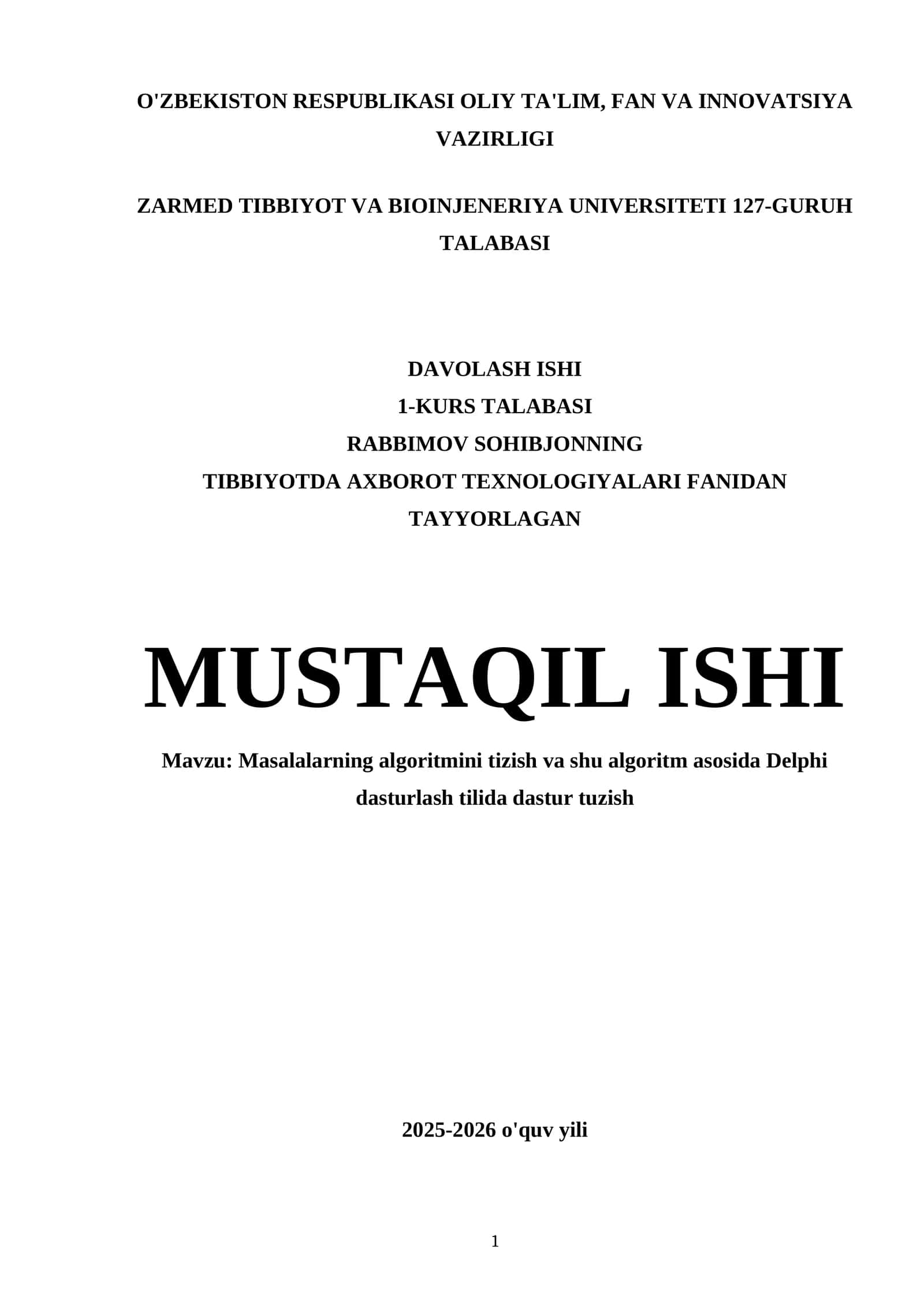 Masalalarning algoritmini tizish va shu algoritm asosida Delphi dasturlash tilida dastur tuzish