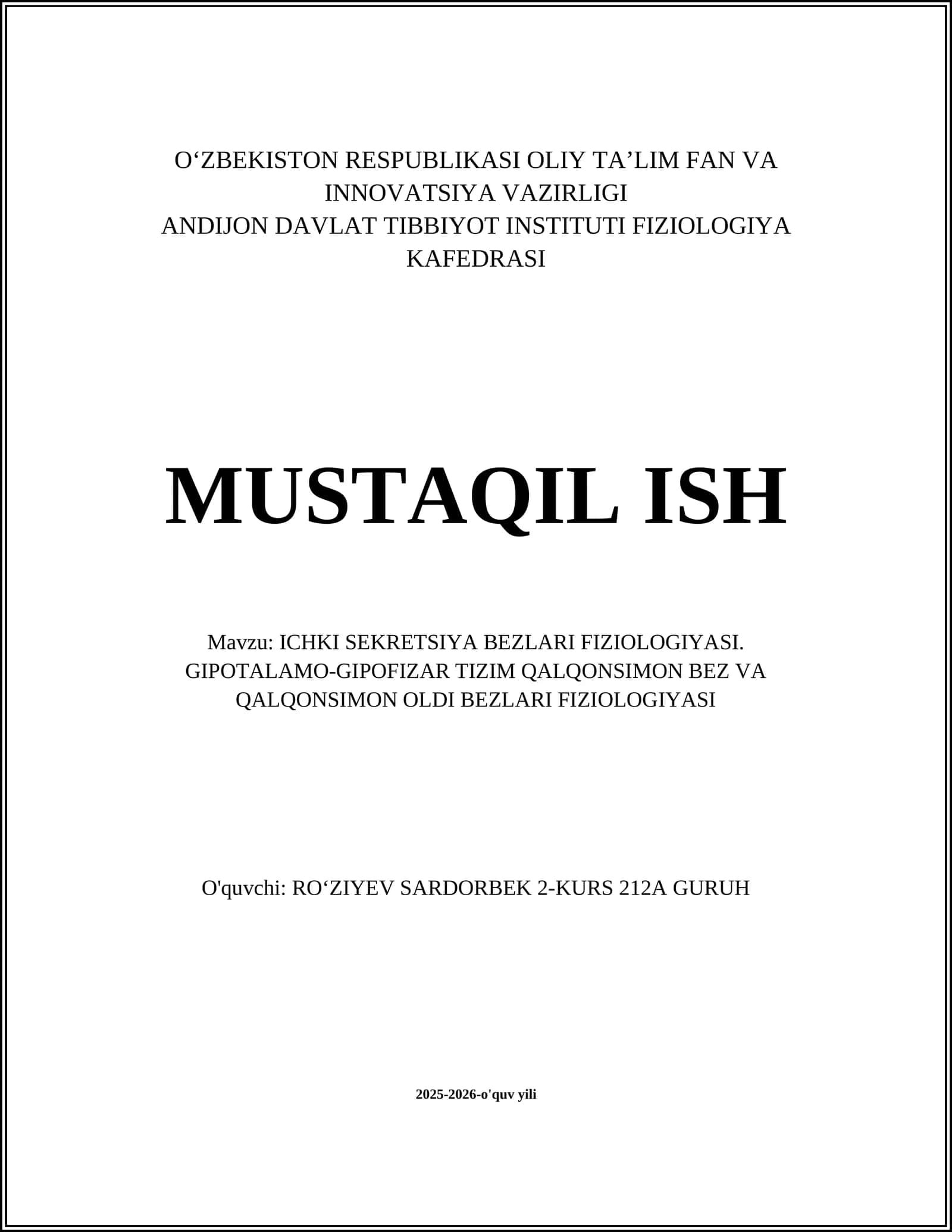 ICHKI SEKRETSIYA BEZLARI FIZIOLOGIYASI