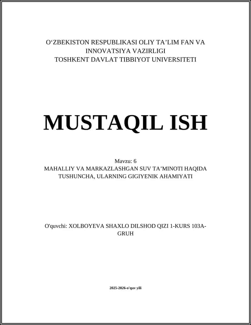 Mahalliy va Markazlashgan Suv Ta'minoti