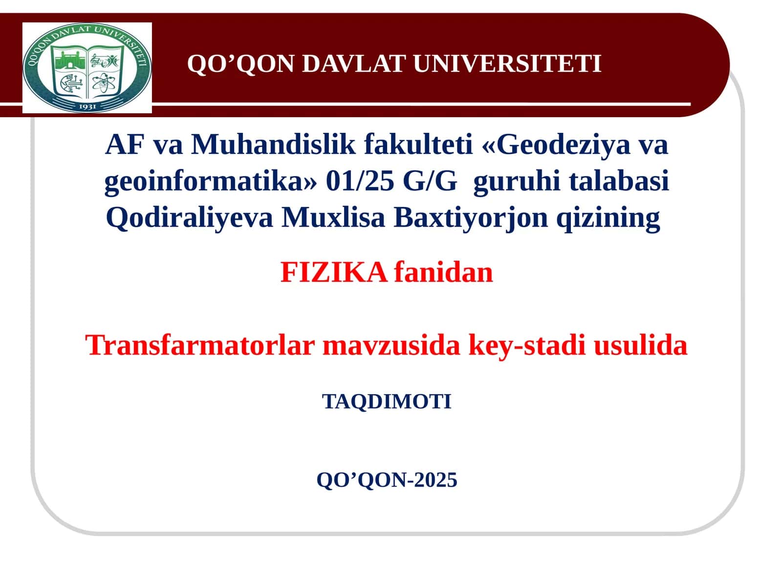 Transfarmatorlar mavzusida key-stadi usulida