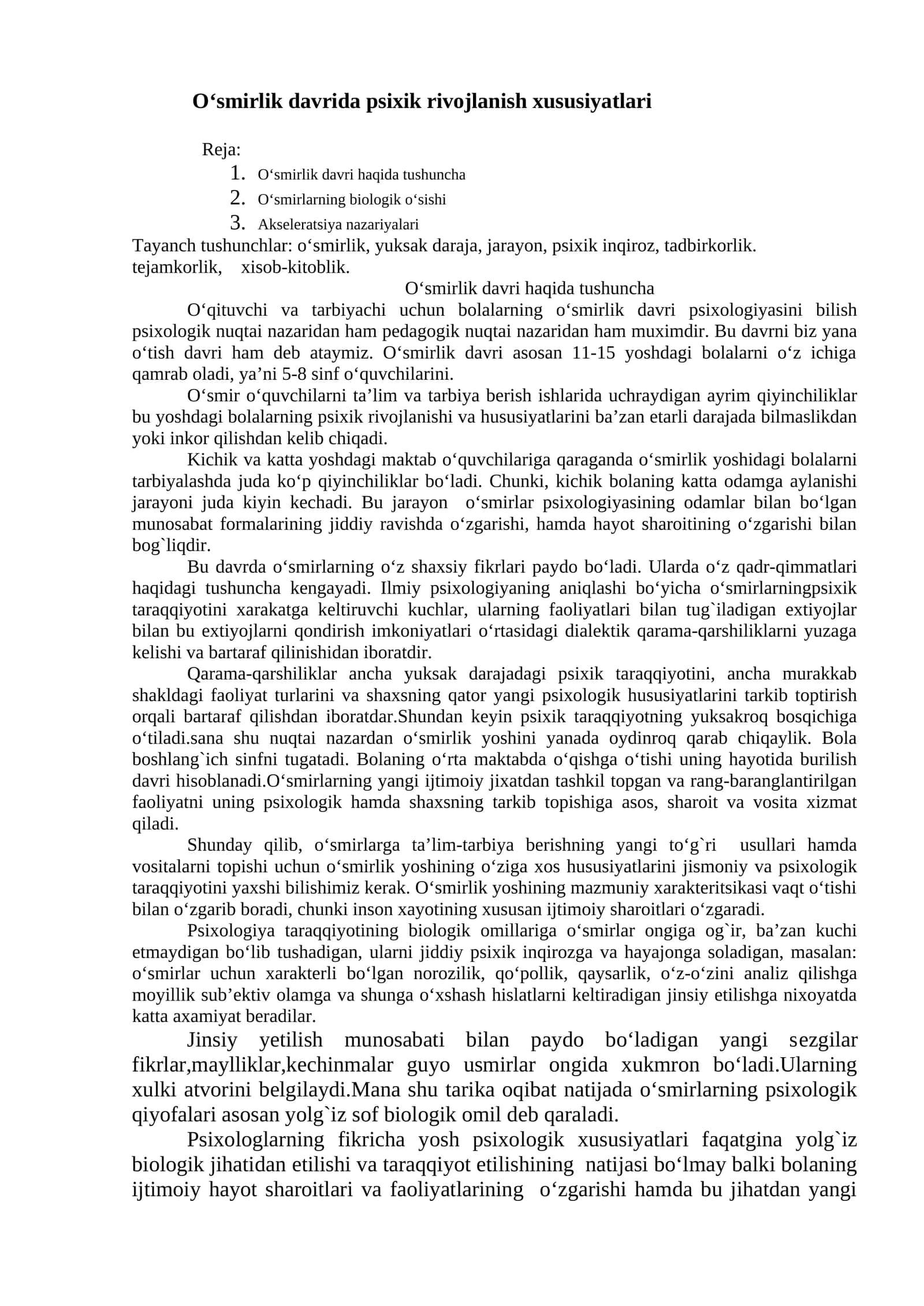 O‘smirlik davrida psixik rivojlanish xususiyatlari