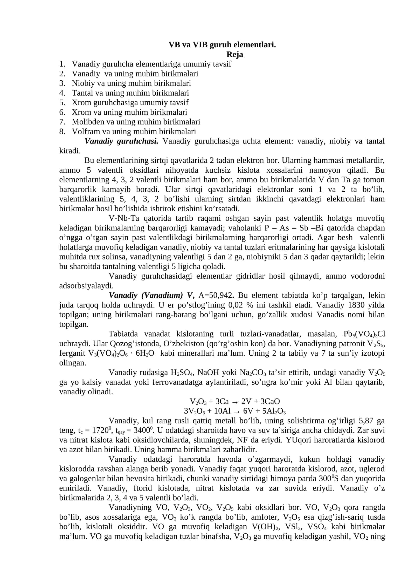 Vanadiy guruhcha elementlariga umumiy tavsif