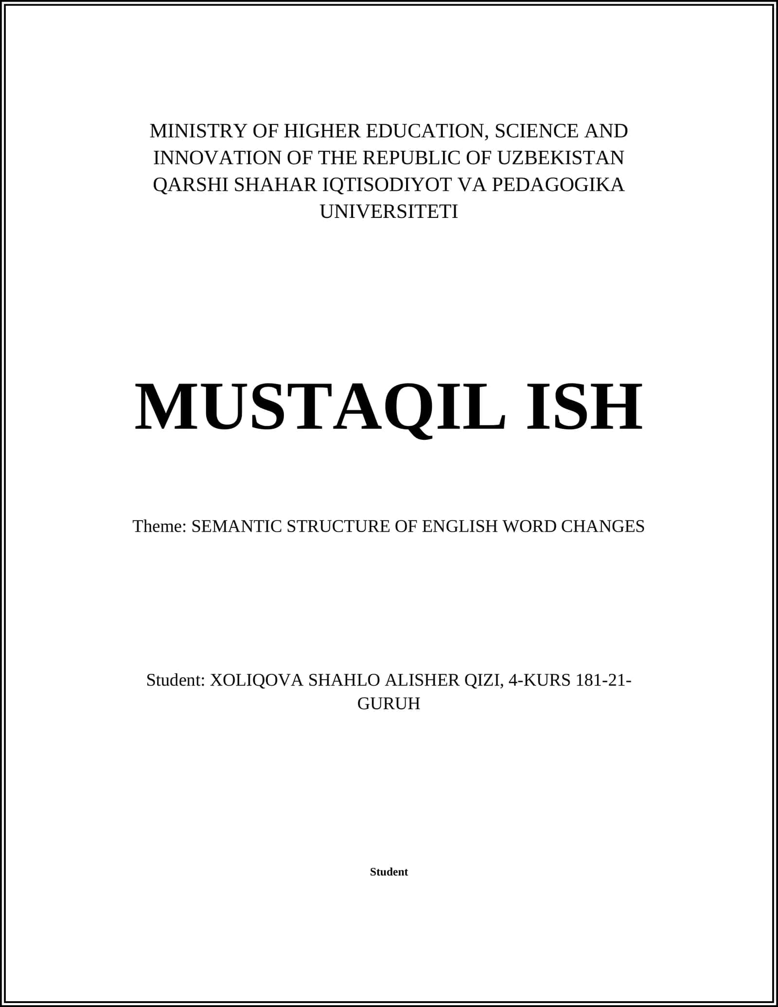 Theme: SEMANTIC STRUCTURE OF ENGLISH WORD CHANGES