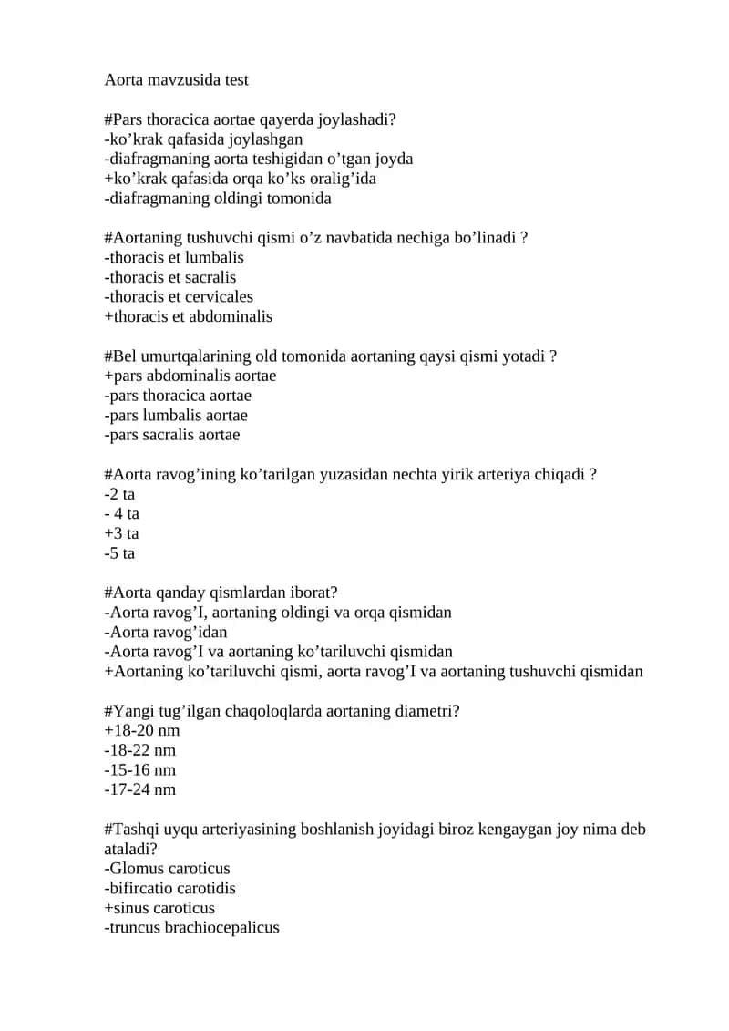Aorta mavzusida test