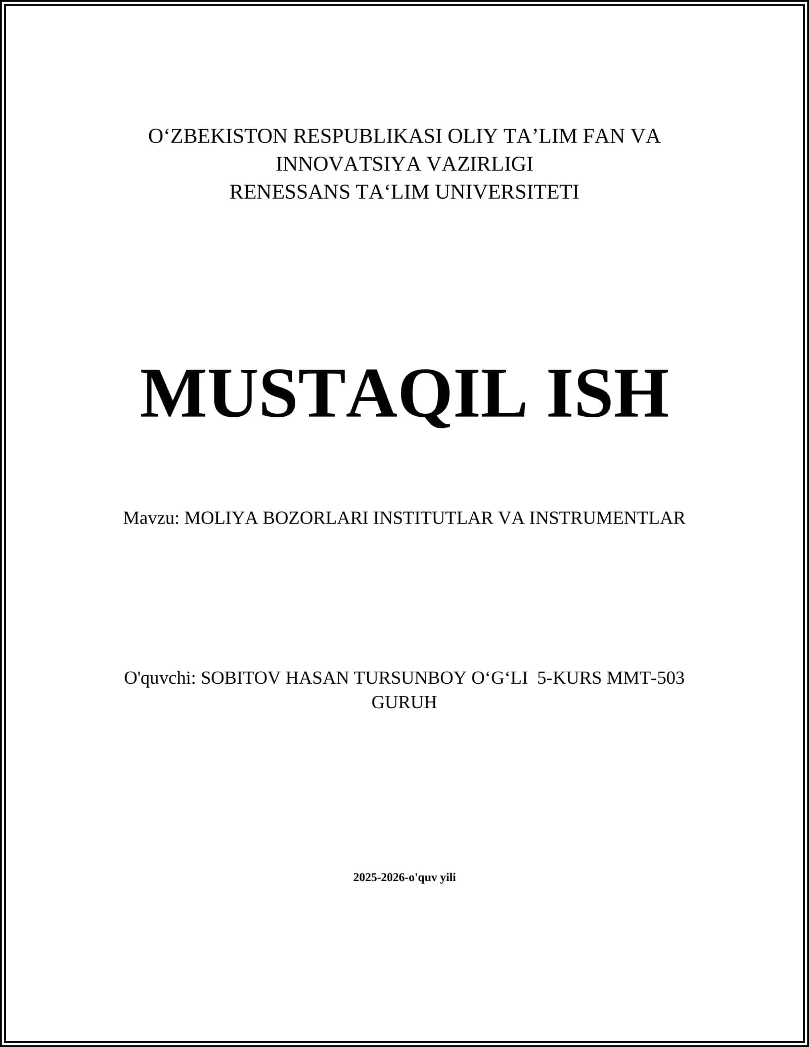 Moliya Bozorlari Institutlar va Instrumentlar