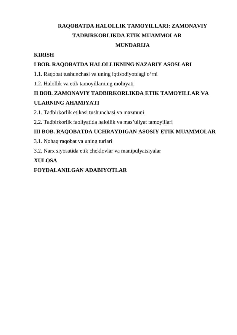 RAQOBATDA HALOLLIK TAMOYILLARI: ZAMONAVIY TADBIRKORLIKDA ETIK MUAMMOLAR