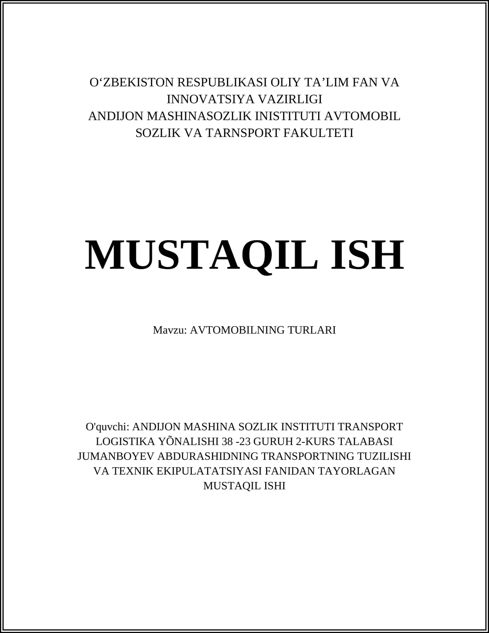 AVTOMOBILNING TURLARI