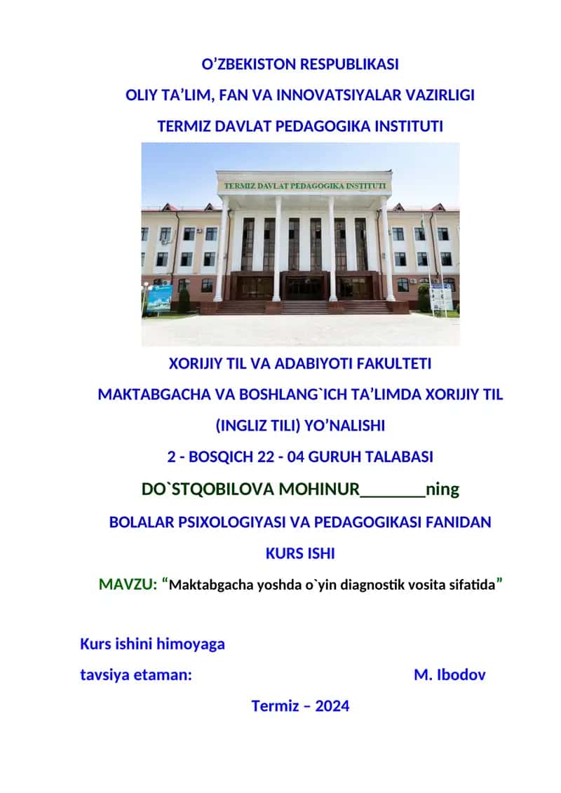 Maktabgacha yoshda o`yin diagnostik vosita sifatida