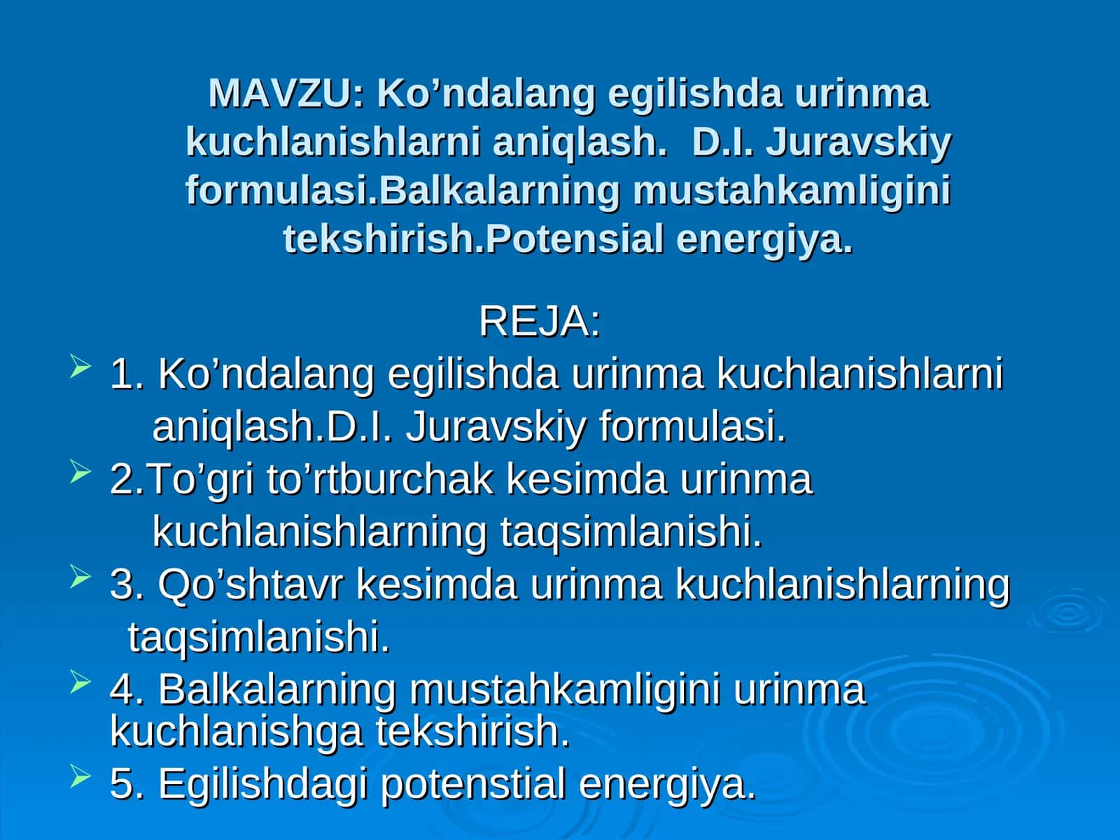 Ko’ndalang egilishda urinma kuchlanishlarni aniqlash