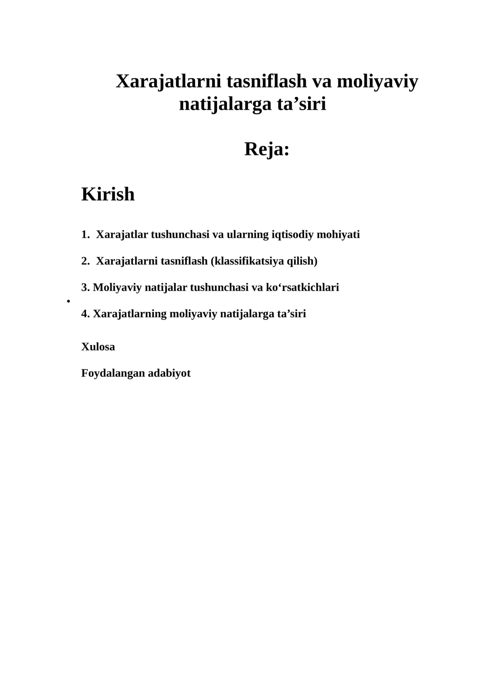 Xarajatlarni tasniflash va moliyaviy natijalarga ta’siri
