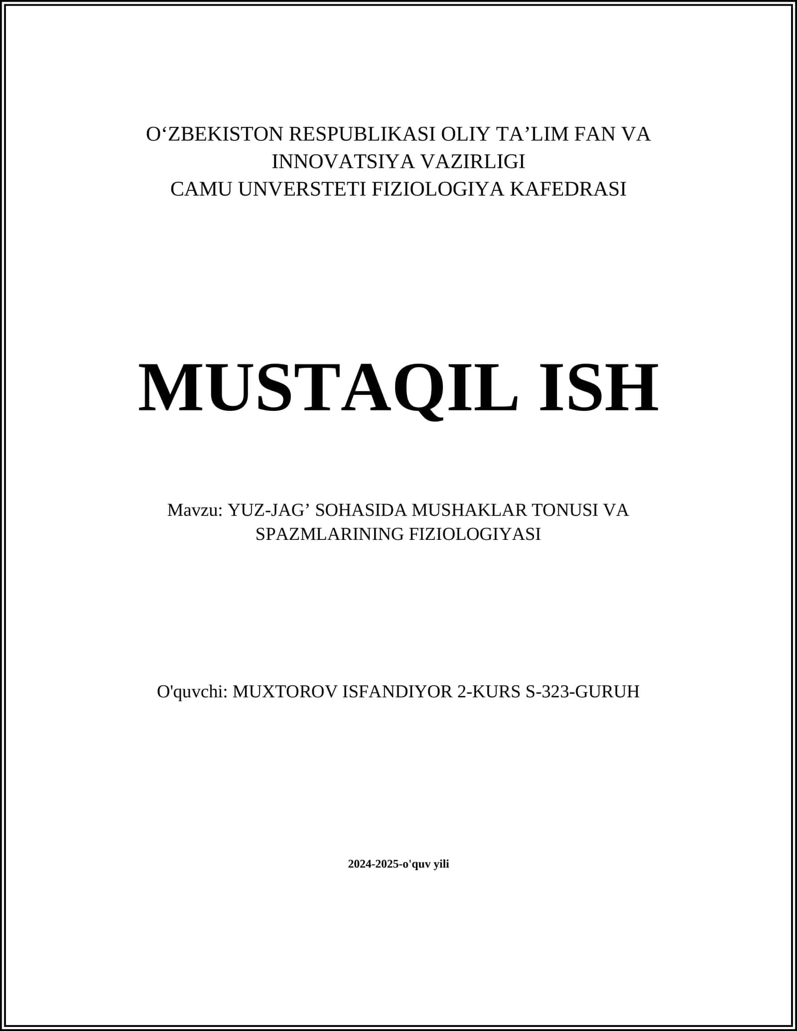 YUZ-JAG’ SOHASIDA MUSHAKLAR TONUSI VA SPAZMLARINING FIZIOLOGIYASI